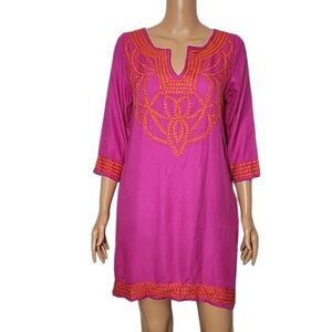 Gretchen Scott Hot Pink Orange  Embroidered Beach V-neck Rayon‎ Tunic Dress Sz S